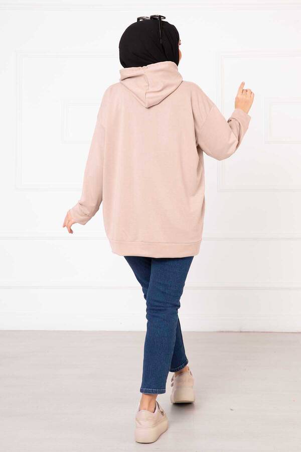 Kanguru Cepli Tesettür Sweatshirt Bej - 4