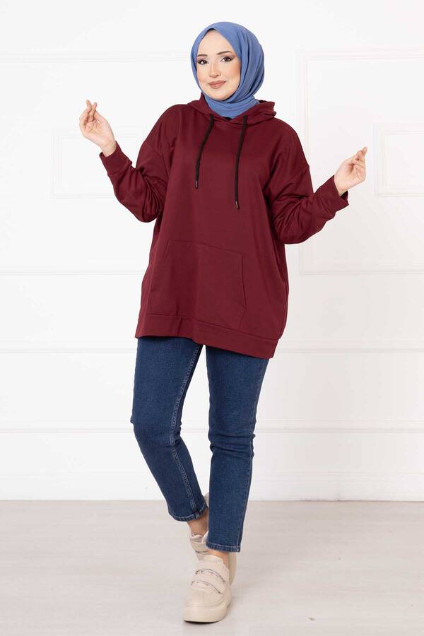 Kanguru Cepli Tesettür Sweatshirt Bordo - 3