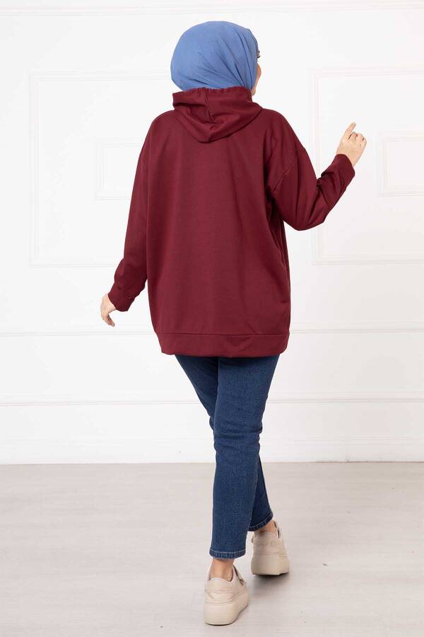 Kanguru Cepli Tesettür Sweatshirt Bordo - 4