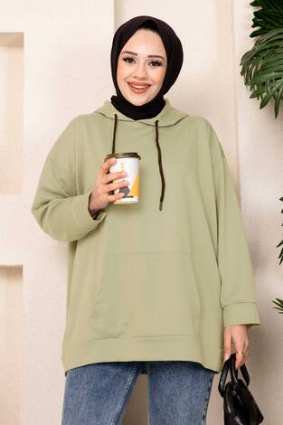 Kanguru Cepli Tesettür Sweatshirt Çağla Yeşili - Thumbnail
