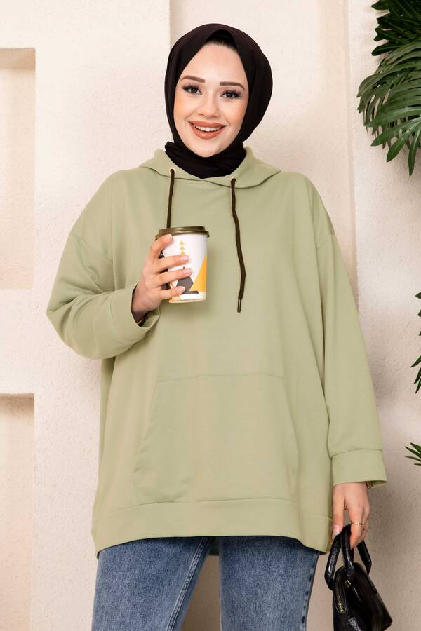 CVN - Kanguru Cepli Tesettür Sweatshirt Çağla Yeşili (1)