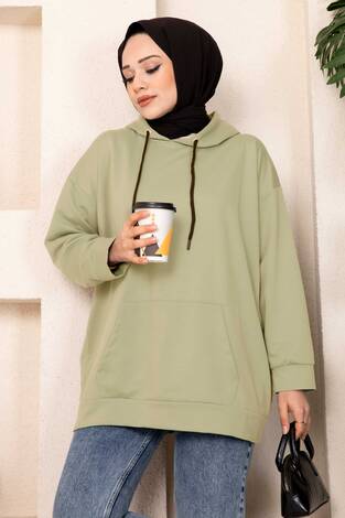 Kanguru Cepli Tesettür Sweatshirt Çağla Yeşili - Thumbnail
