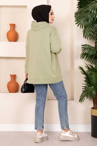 Kanguru Cepli Tesettür Sweatshirt Çağla Yeşili - Thumbnail