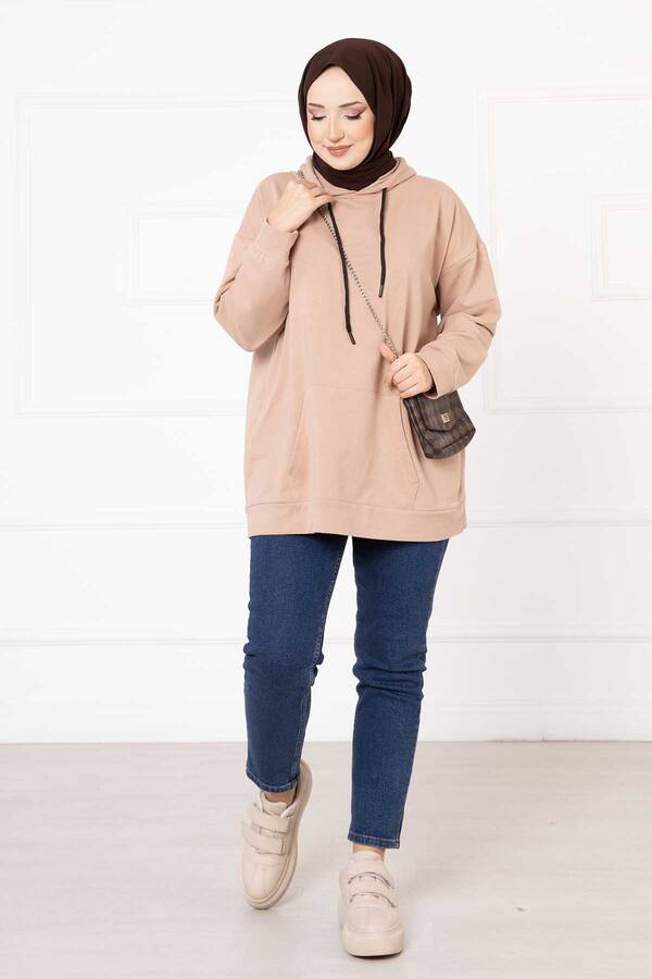 Kanguru Cepli Tesettür Sweatshirt Camel - 3