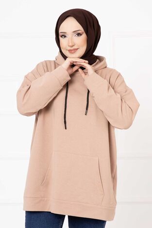 Kanguru Cepli Tesettür Sweatshirt Camel - Thumbnail