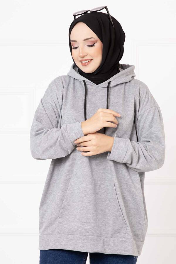 CVN - Kanguru Cepli Tesettür Sweatshirt Gri (1) CVN - Kanguru Cepli Tesettür Sweatshirt Gri (1)