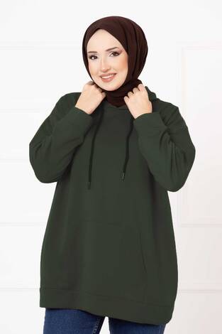 Kanguru Cepli Tesettür Sweatshirt Haki - Thumbnail