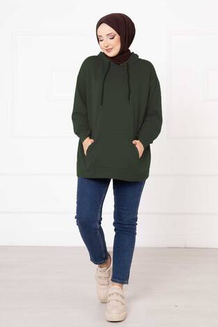 Kanguru Cepli Tesettür Sweatshirt Haki - Thumbnail