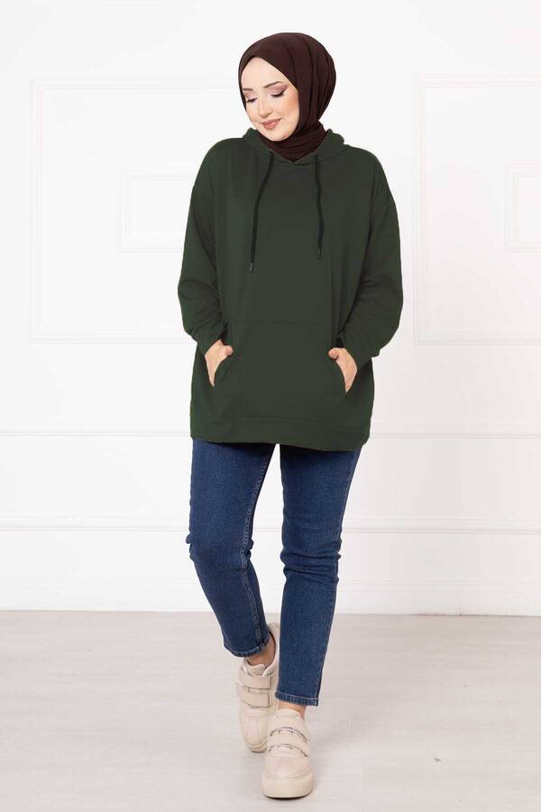 Kanguru Cepli Tesettür Sweatshirt Haki