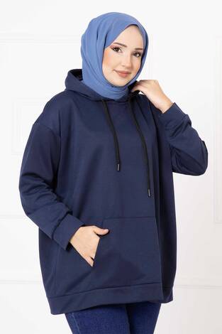 Kanguru Cepli Tesettür Sweatshirt İndigo - Thumbnail