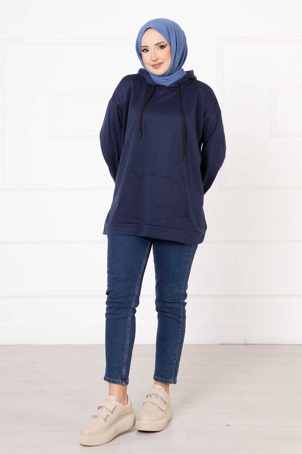 Kanguru Cepli Tesettür Sweatshirt İndigo - 3