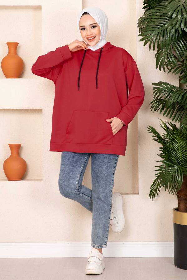 CVN - Kanguru Cepli Tesettür Sweatshirt Kırmızı