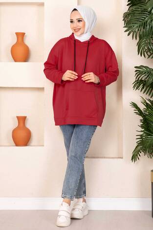Kanguru Cepli Tesettür Sweatshirt Kırmızı - Thumbnail