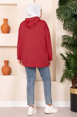 Kanguru Cepli Tesettür Sweatshirt Kırmızı - Thumbnail