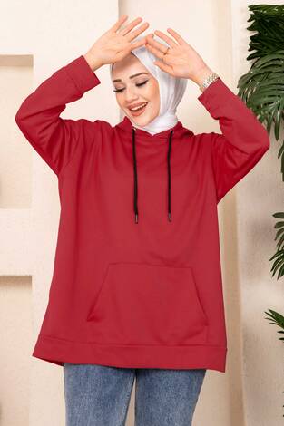 Kanguru Cepli Tesettür Sweatshirt Kırmızı - Thumbnail