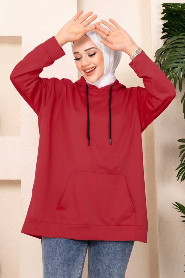 CVN - Kanguru Cepli Tesettür Sweatshirt Kırmızı (1)