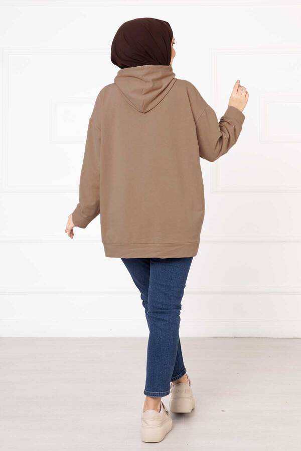 Kanguru Cepli Tesettür Sweatshirt Koyu Vizon - 3