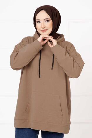 Kanguru Cepli Tesettür Sweatshirt Koyu Vizon - Thumbnail