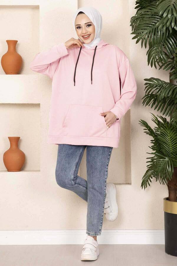 Kanguru Cepli Tesettür Sweatshirt Pudra Kanguru Cepli Tesettür Sweatshirt Pudra