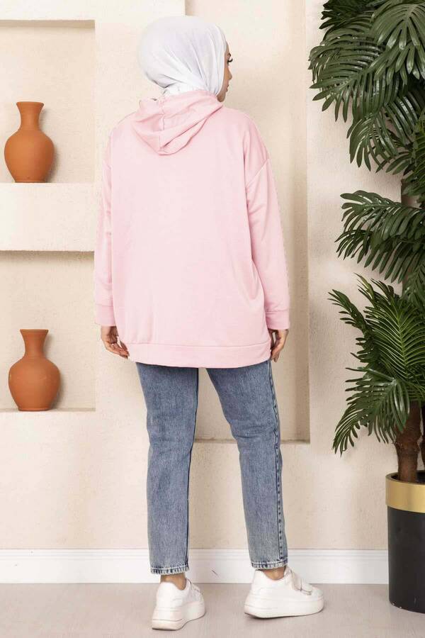 Kanguru Cepli Tesettür Sweatshirt Pudra - 4