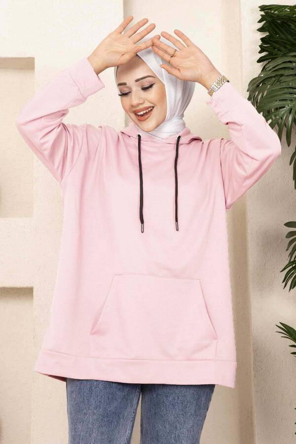 CVN - Kanguru Cepli Tesettür Sweatshirt Pudra (1) CVN - Kanguru Cepli Tesettür Sweatshirt Pudra (1)