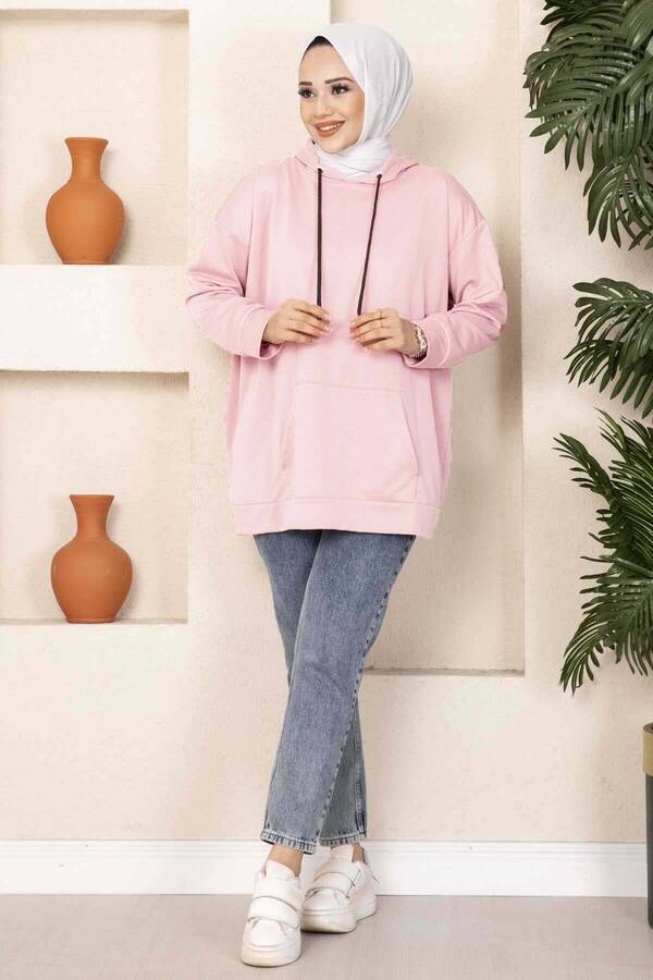 Kanguru Cepli Tesettür Sweatshirt Pudra - 3
