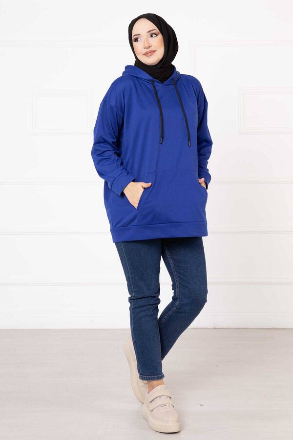 Kanguru Cepli Tesettür Sweatshirt Saks - 3