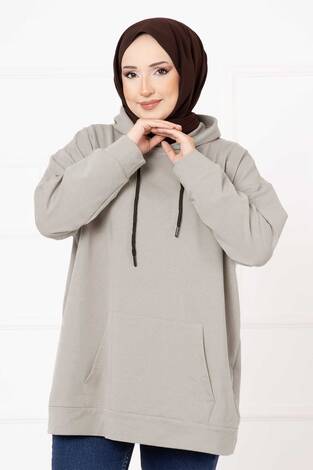 Kanguru Cepli Tesettür Sweatshirt Taş - Thumbnail