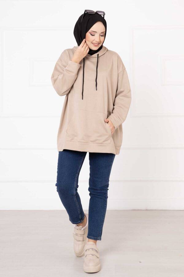Kanguru Cepli Tesettür Sweatshirt Vizon - 3