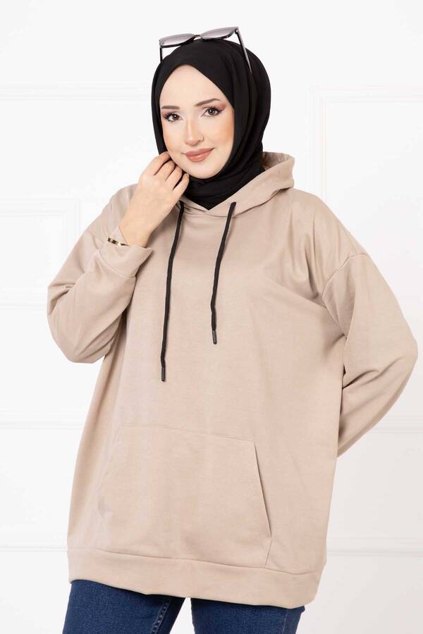 CVN - Kanguru Cepli Tesettür Sweatshirt Vizon (1) CVN - Kanguru Cepli Tesettür Sweatshirt Vizon (1)