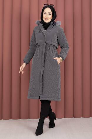 Kapitone Desen Kürk Kapüşonlu Nova Kaban Füme - Thumbnail