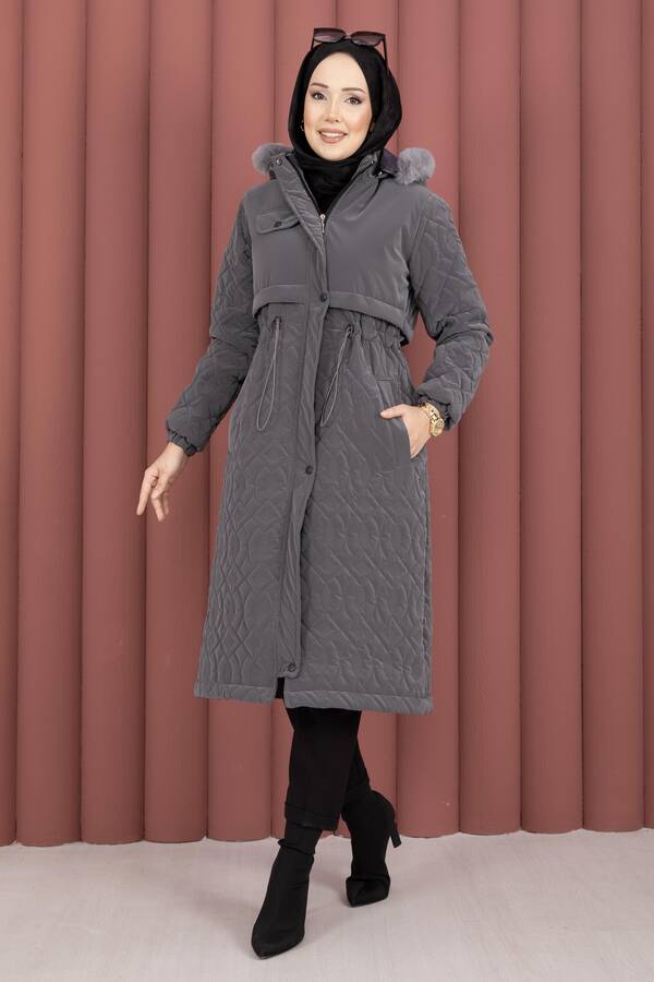 Hsm - Kapitone Desen Kürk Kapüşonlu Nova Kaban Füme