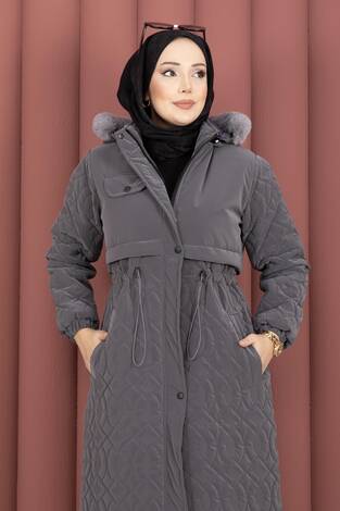 Kapitone Desen Kürk Kapüşonlu Nova Kaban Füme - Thumbnail