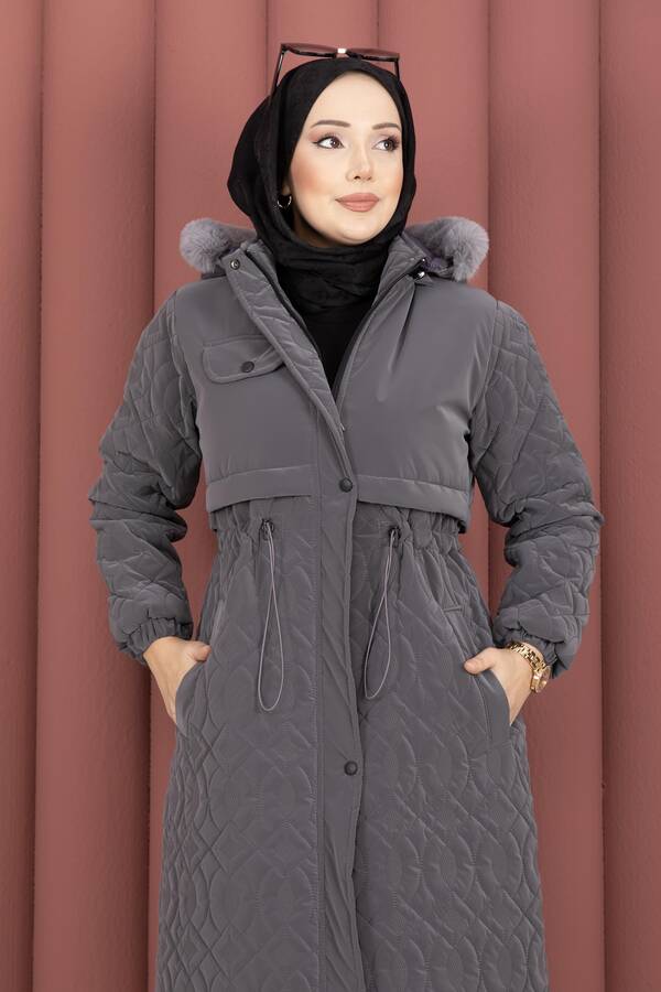 Hsm - Kapitone Desen Kürk Kapüşonlu Nova Kaban Füme (1)