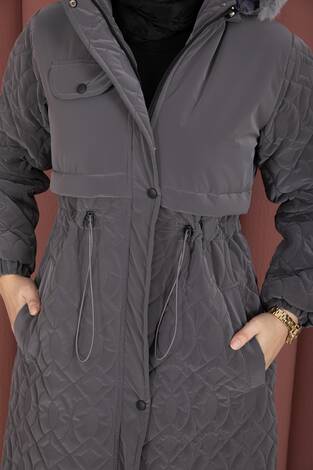 Kapitone Desen Kürk Kapüşonlu Nova Kaban Füme - Thumbnail