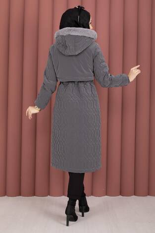 Kapitone Desen Kürk Kapüşonlu Nova Kaban Füme - Thumbnail