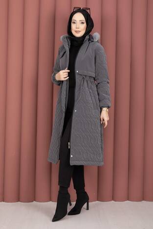 Kapitone Desen Kürk Kapüşonlu Nova Kaban Füme - Thumbnail