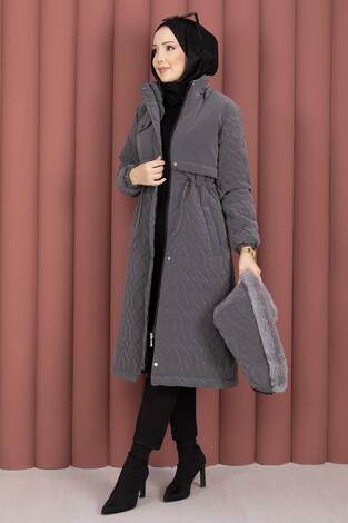 Kapitone Desen Kürk Kapüşonlu Nova Kaban Füme - Thumbnail