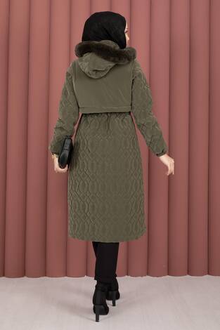 Kapitone Desen Kürk Kapüşonlu Nova Kaban Haki - Thumbnail