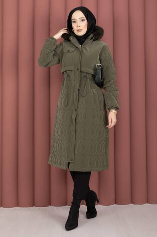 Kapitone Desen Kürk Kapüşonlu Nova Kaban Haki - Thumbnail