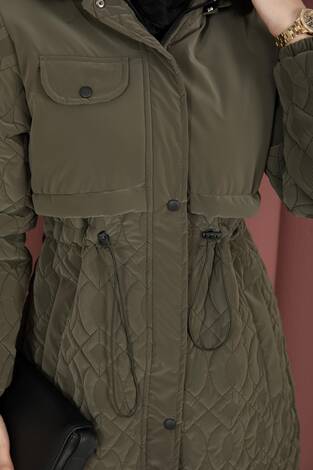 Kapitone Desen Kürk Kapüşonlu Nova Kaban Haki - Thumbnail