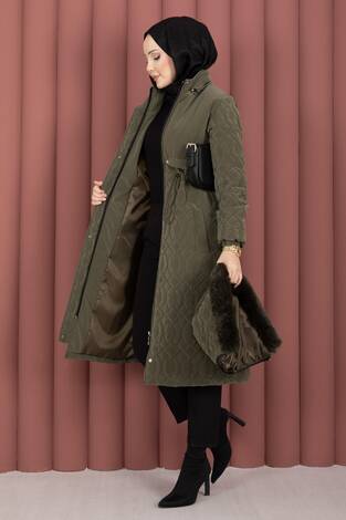 Kapitone Desen Kürk Kapüşonlu Nova Kaban Haki - Thumbnail