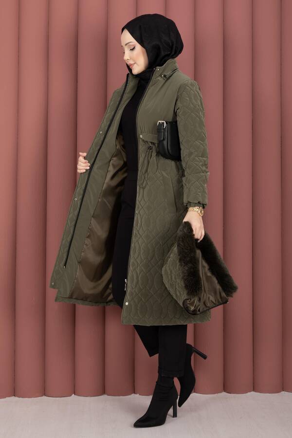 Hsm - Kapitone Desen Kürk Kapüşonlu Nova Kaban Haki