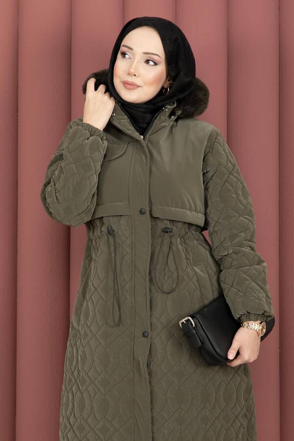 Hsm - Kapitone Desen Kürk Kapüşonlu Nova Kaban Haki (1)