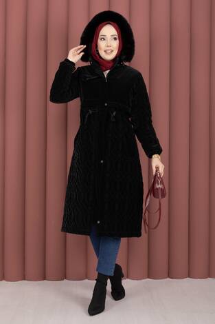 Kapitone Desen Kürk Kapüşonlu Nova Kaban Siyah - Thumbnail