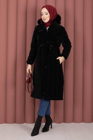 Kapitone Desen Kürk Kapüşonlu Nova Kaban Siyah - Thumbnail
