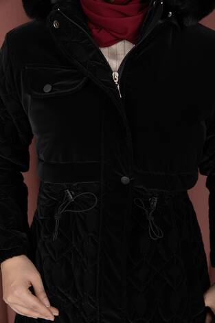 Kapitone Desen Kürk Kapüşonlu Nova Kaban Siyah - Thumbnail