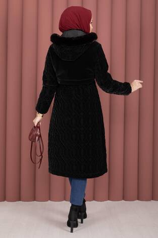 Kapitone Desen Kürk Kapüşonlu Nova Kaban Siyah - Thumbnail