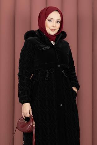 Kapitone Desen Kürk Kapüşonlu Nova Kaban Siyah - Thumbnail