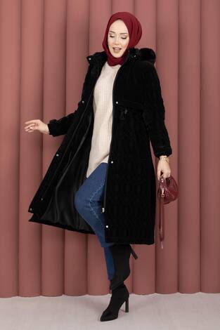 Kapitone Desen Kürk Kapüşonlu Nova Kaban Siyah